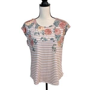 ECLA Victorian Rose Striped Cap Sleeve Button Shoulder T-Shirt Knit Top Size LP